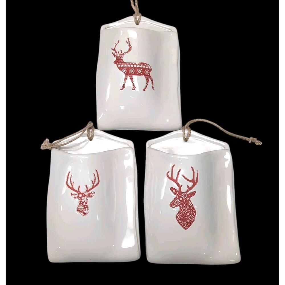 Reindeer Wall Pockets Hanging Ceramic White Red Christmas Deer‎ Antlers Cabin